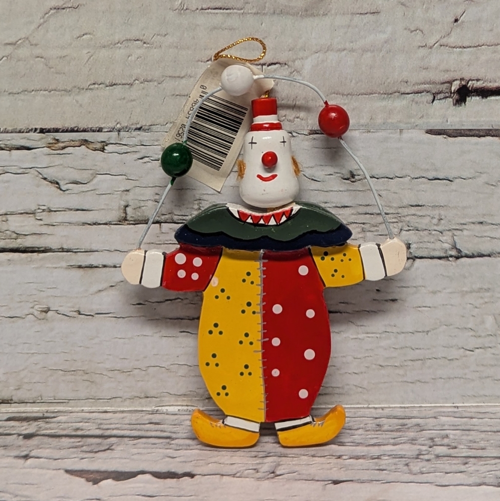 Vintage Wooden Colorful Juggling Clown Holiday Ornament Red Yellow Polka Dots